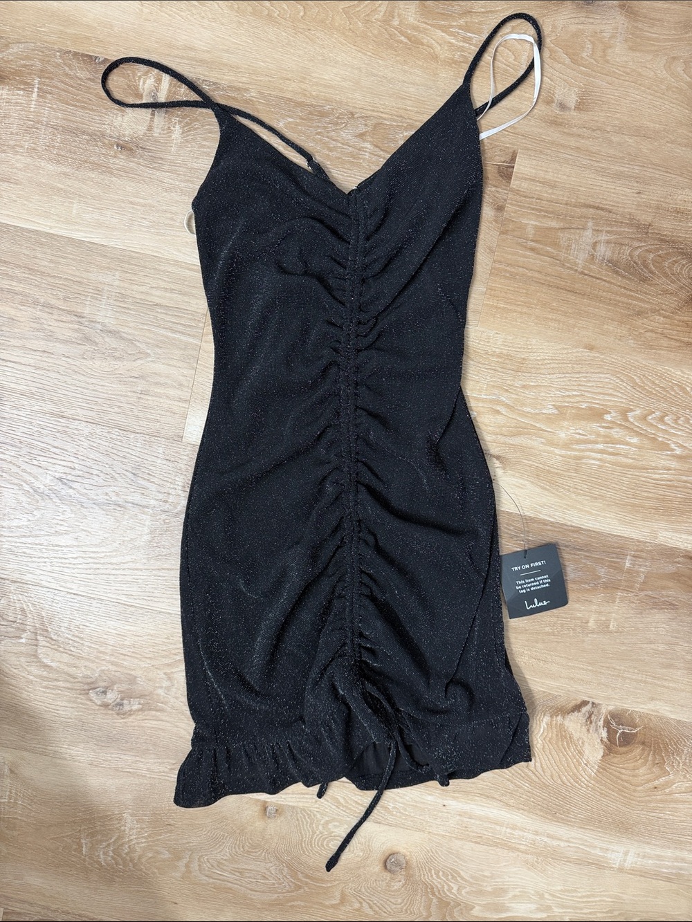 Lulu's Black Shimmer Ruched Slip Mini Dress